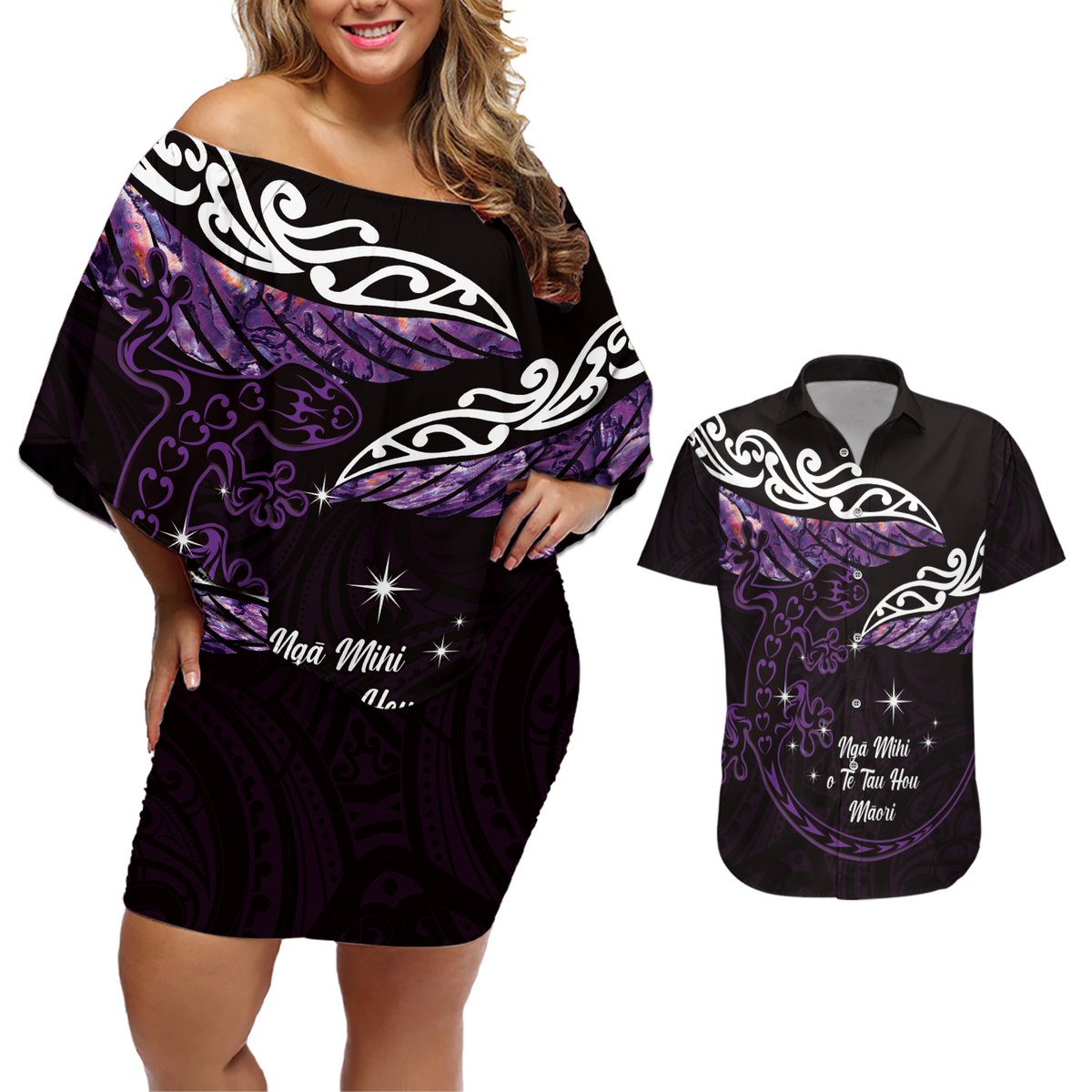 New Zealand Matariki Couples Matching Off Shoulder Short Dress and Hawaiian Shirt Maori New Year Silver Fern And Lizard - Purple LT14 Purple - Polynesian Pride