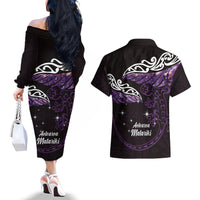 New Zealand Matariki Couples Matching Off The Shoulder Long Sleeve Dress and Hawaiian Shirt Maori New Year Silver Fern And Lizard - Purple LT14 - Polynesian Pride
