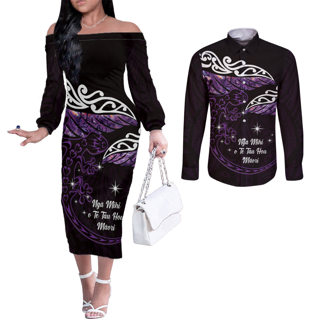 New Zealand Matariki Couples Matching Off The Shoulder Long Sleeve Dress and Long Sleeve Button Shirt Maori New Year Silver Fern And Lizard - Purple LT14 Purple - Polynesian Pride