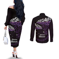 New Zealand Matariki Couples Matching Off The Shoulder Long Sleeve Dress and Long Sleeve Button Shirt Maori New Year Silver Fern And Lizard - Purple LT14 - Polynesian Pride