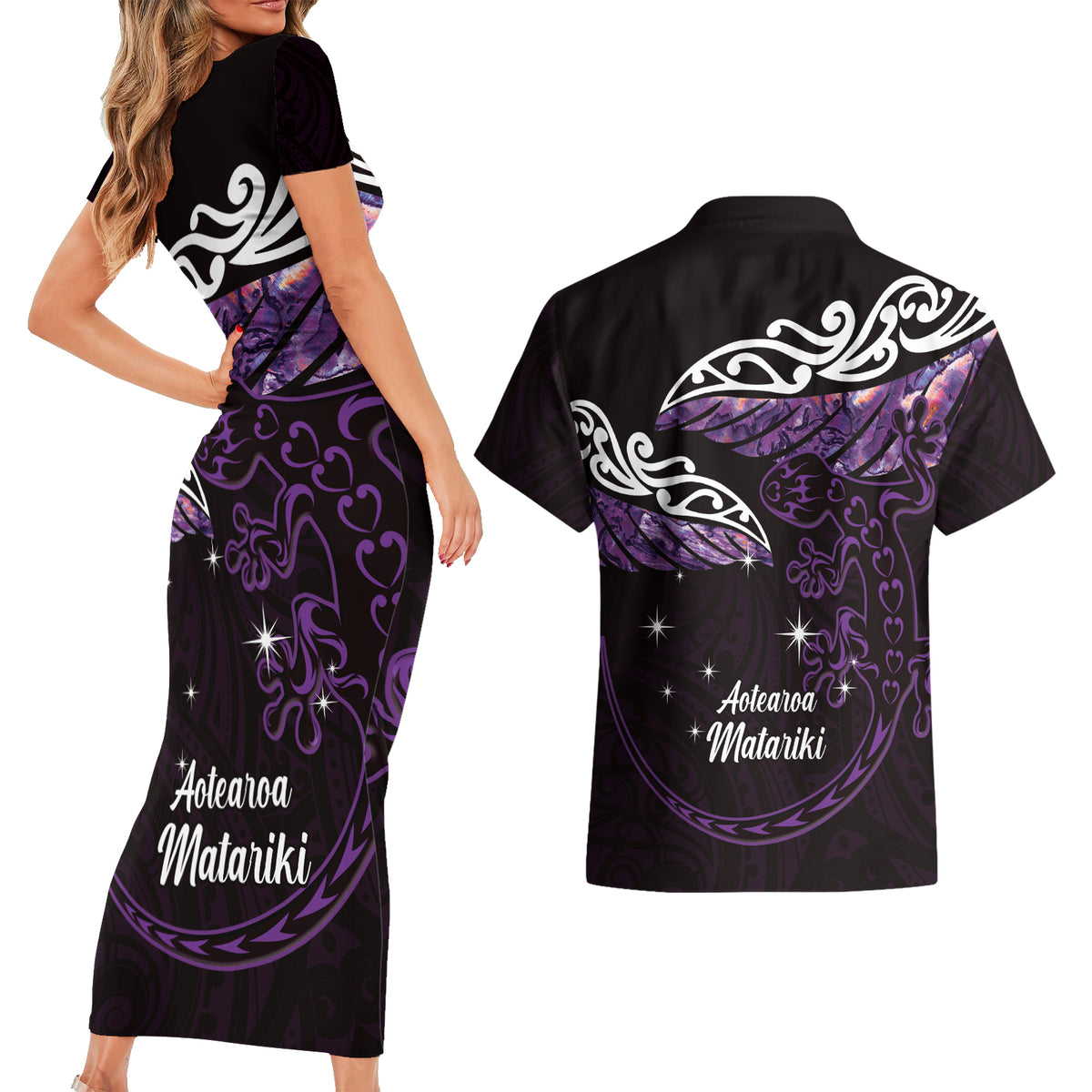 New Zealand Matariki Couples Matching Short Sleeve Bodycon Dress and Hawaiian Shirt Maori New Year Silver Fern And Lizard - Purple LT14 - Polynesian Pride