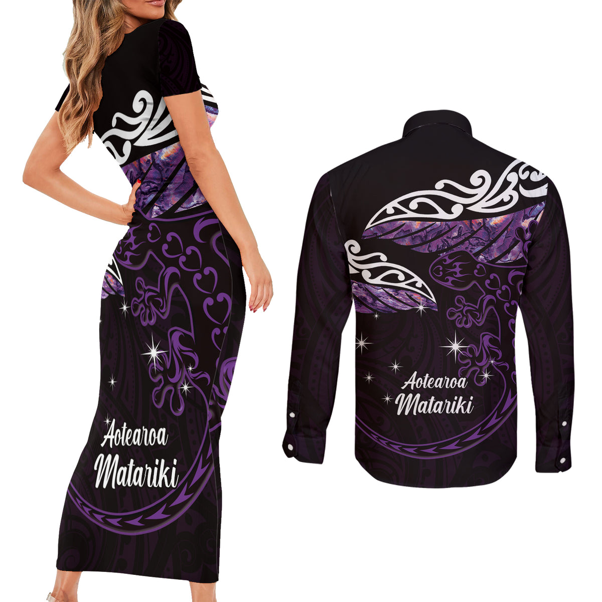 New Zealand Matariki Couples Matching Short Sleeve Bodycon Dress and Long Sleeve Button Shirt Maori New Year Silver Fern And Lizard - Purple LT14 - Polynesian Pride