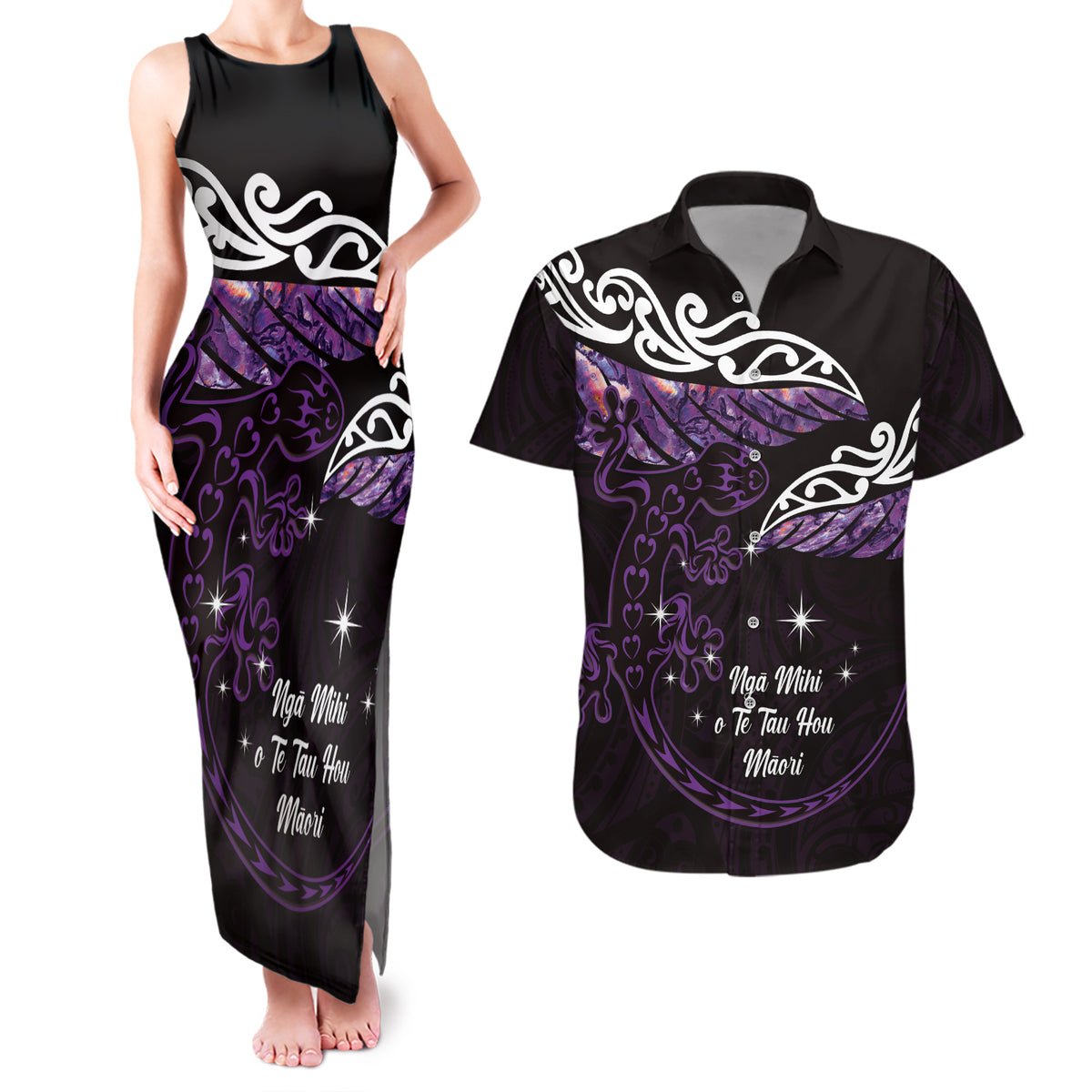 New Zealand Matariki Couples Matching Tank Maxi Dress and Hawaiian Shirt Maori New Year Silver Fern And Lizard - Purple LT14 Purple - Polynesian Pride