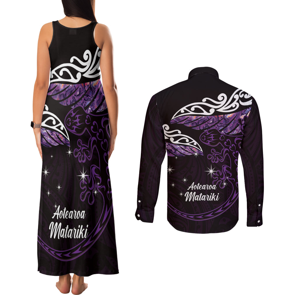 New Zealand Matariki Couples Matching Tank Maxi Dress and Long Sleeve Button Shirt Maori New Year Silver Fern And Lizard - Purple LT14 - Polynesian Pride