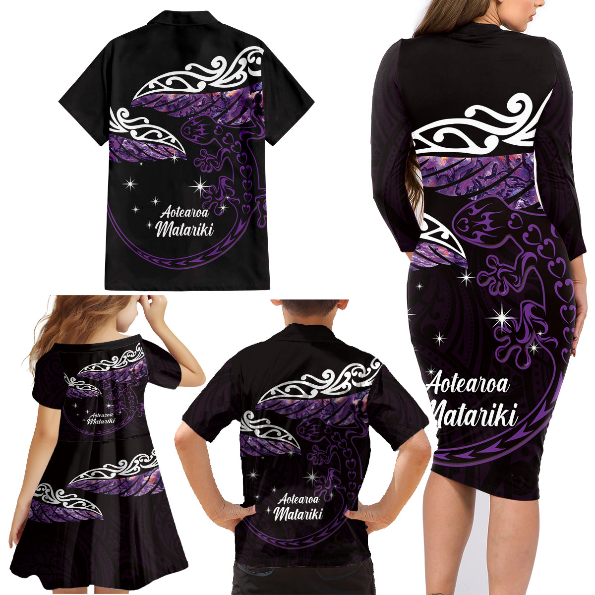New Zealand Matariki Family Matching Long Sleeve Bodycon Dress and Hawaiian Shirt Maori New Year Silver Fern And Lizard - Purple LT14 - Polynesian Pride