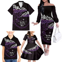 New Zealand Matariki Family Matching Off The Shoulder Long Sleeve Dress and Hawaiian Shirt Maori New Year Silver Fern And Lizard - Purple LT14 - Polynesian Pride