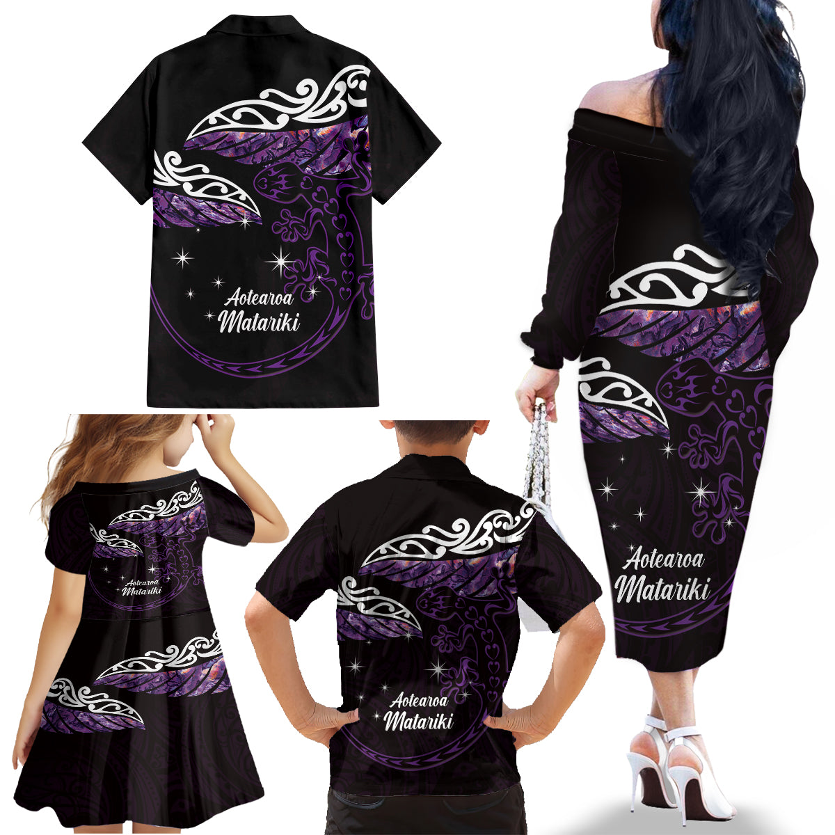 New Zealand Matariki Family Matching Off The Shoulder Long Sleeve Dress and Hawaiian Shirt Maori New Year Silver Fern And Lizard - Purple LT14 - Polynesian Pride