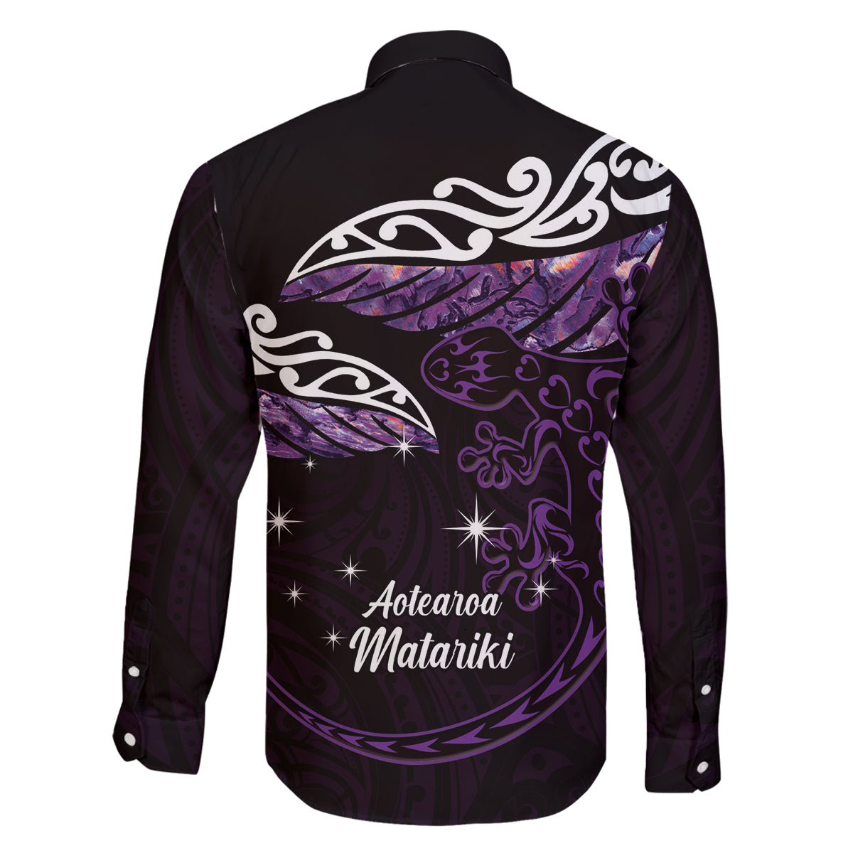 New Zealand Matariki Family Matching Off The Shoulder Long Sleeve Dress and Hawaiian Shirt Maori New Year Silver Fern And Lizard - Purple LT14 - Polynesian Pride