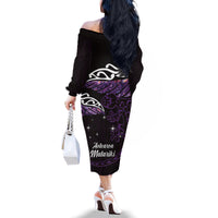 New Zealand Matariki Family Matching Off The Shoulder Long Sleeve Dress and Hawaiian Shirt Maori New Year Silver Fern And Lizard - Purple LT14 - Polynesian Pride
