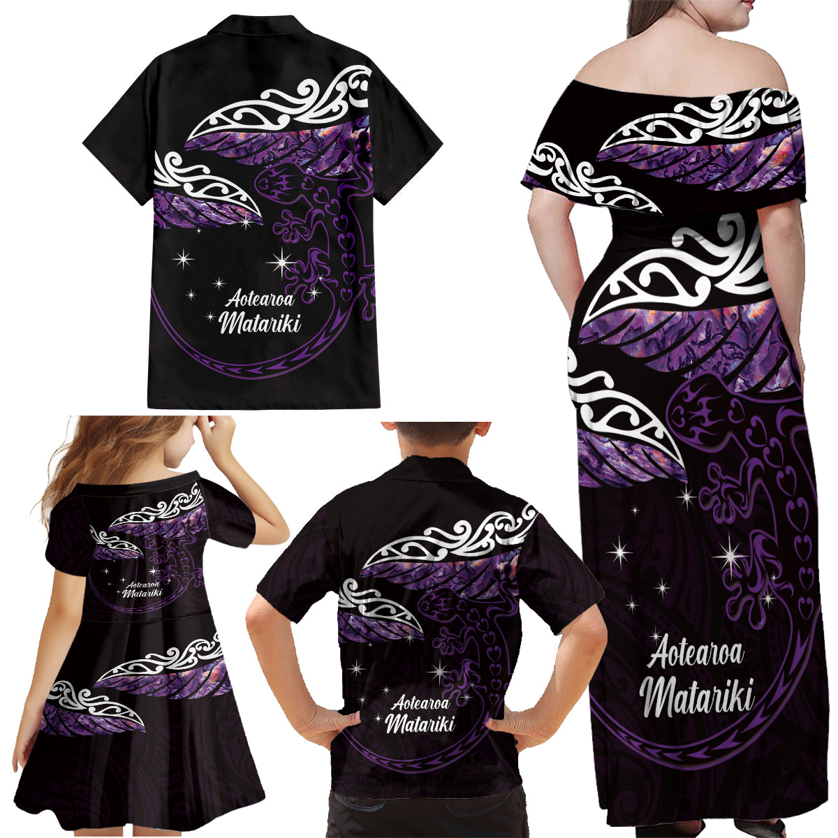 New Zealand Matariki Family Matching Off Shoulder Maxi Dress and Hawaiian Shirt Maori New Year Silver Fern And Lizard - Purple LT14 - Polynesian Pride