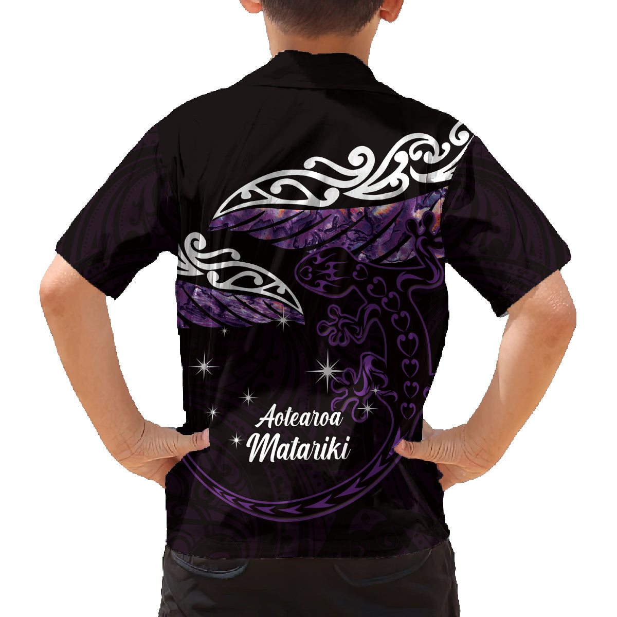 New Zealand Matariki Family Matching Puletasi and Hawaiian Shirt Maori New Year Silver Fern And Lizard - Purple LT14 - Polynesian Pride