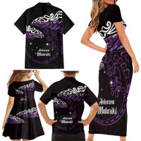 New Zealand Matariki Family Matching Short Sleeve Bodycon Dress and Hawaiian Shirt Maori New Year Silver Fern And Lizard - Purple LT14 - Polynesian Pride