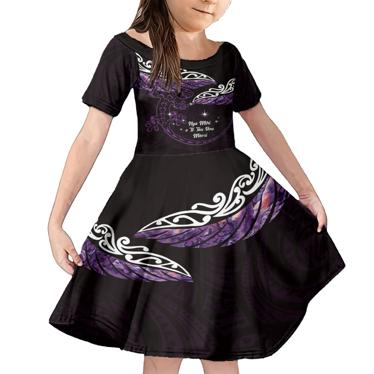 New Zealand Matariki Family Matching Tank Maxi Dress and Hawaiian Shirt Maori New Year Silver Fern And Lizard - Purple LT14 Daughter's Dress Purple - Polynesian Pride