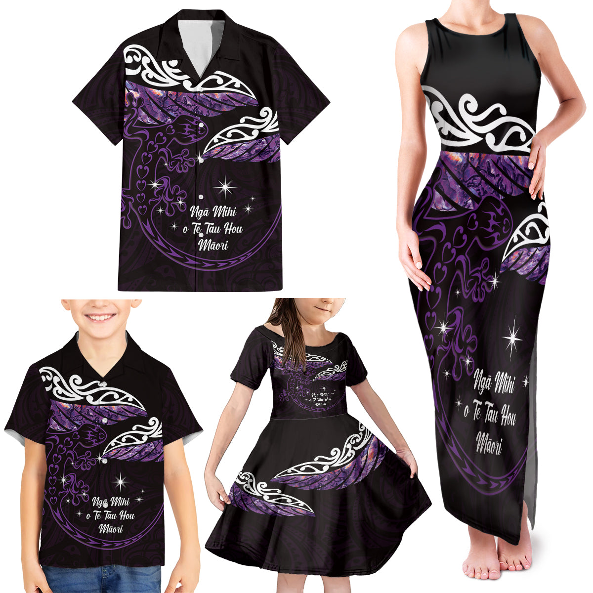 New Zealand Matariki Family Matching Tank Maxi Dress and Hawaiian Shirt Maori New Year Silver Fern And Lizard - Purple LT14 - Polynesian Pride