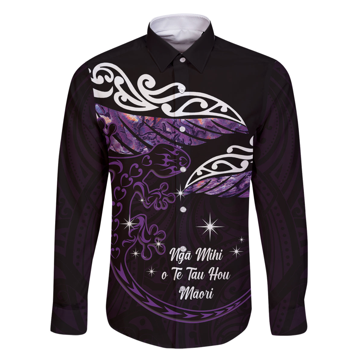 New Zealand Matariki Family Matching Tank Maxi Dress and Hawaiian Shirt Maori New Year Silver Fern And Lizard - Purple LT14 Dad's Shirt - Long Sleeve Purple - Polynesian Pride