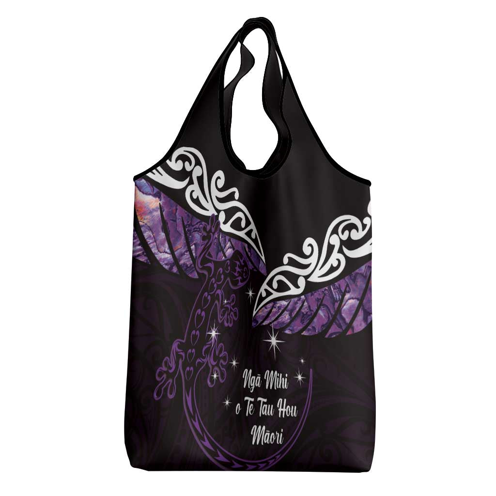 New Zealand Matariki Grocery Bag Maori New Year Silver Fern And Lizard - Purple LT14 - Polynesian Pride