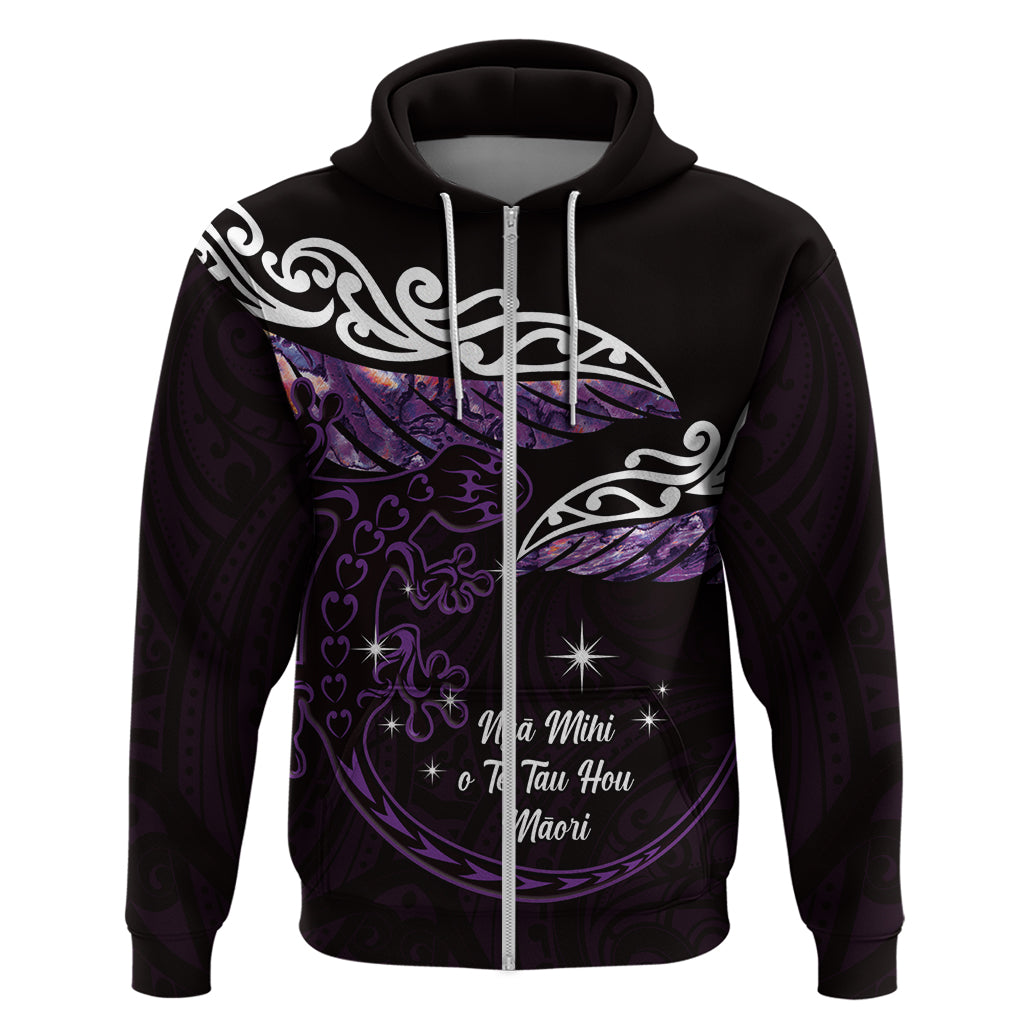 New Zealand Matariki Hoodie Maori New Year Silver Fern And Lizard - Purple LT14 Zip Hoodie Purple - Polynesian Pride