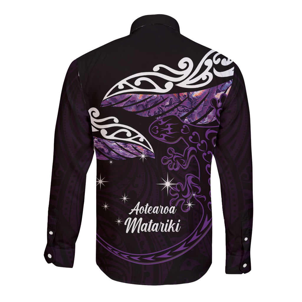 New Zealand Matariki Long Sleeve Button Shirt Maori New Year Silver Fern And Lizard - Purple LT14 - Polynesian Pride