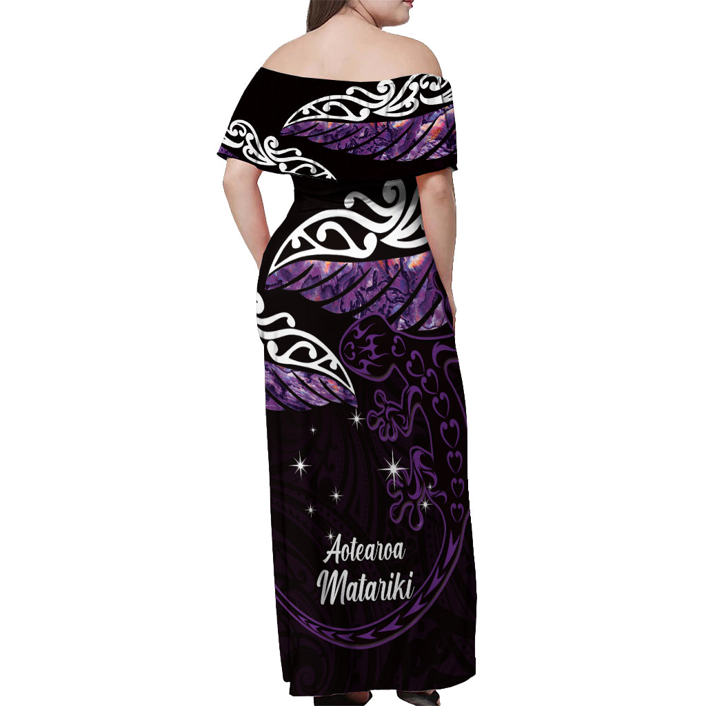 New Zealand Matariki Off Shoulder Maxi Dress Maori New Year Silver Fern And Lizard - Purple LT14 - Polynesian Pride