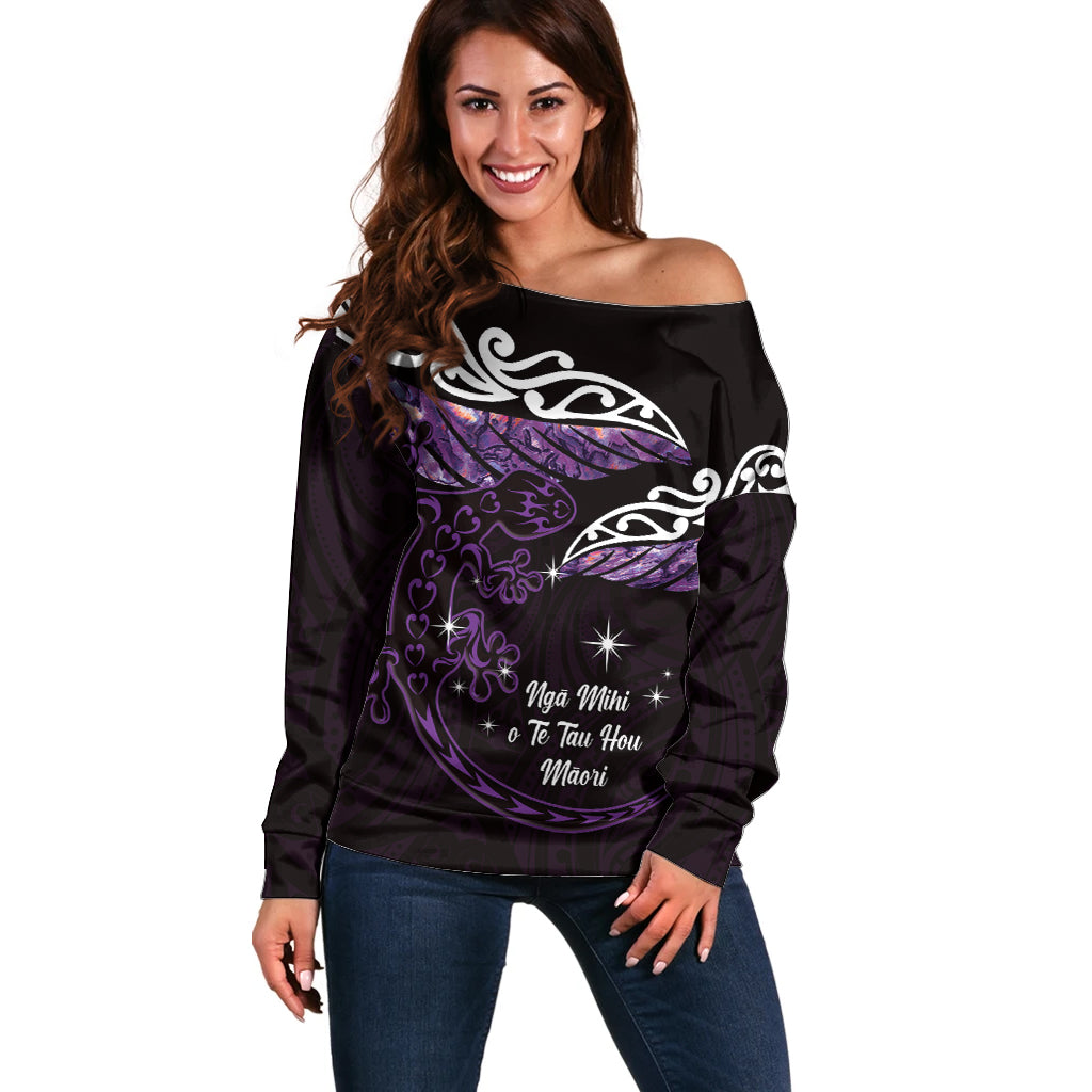 New Zealand Matariki Off Shoulder Sweater Maori New Year Silver Fern And Lizard - Purple LT14 Women Purple - Polynesian Pride