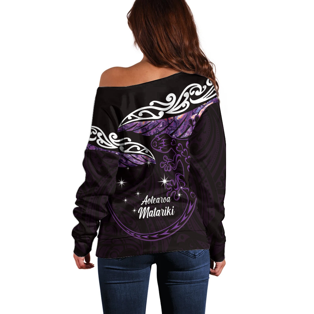 New Zealand Matariki Off Shoulder Sweater Maori New Year Silver Fern And Lizard - Purple LT14 - Polynesian Pride