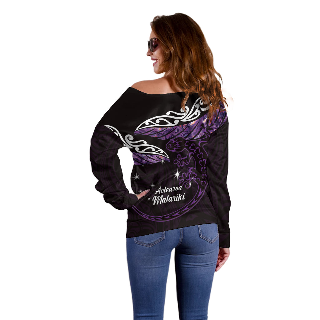 New Zealand Matariki Off Shoulder Sweater Maori New Year Silver Fern And Lizard - Purple LT14 - Polynesian Pride