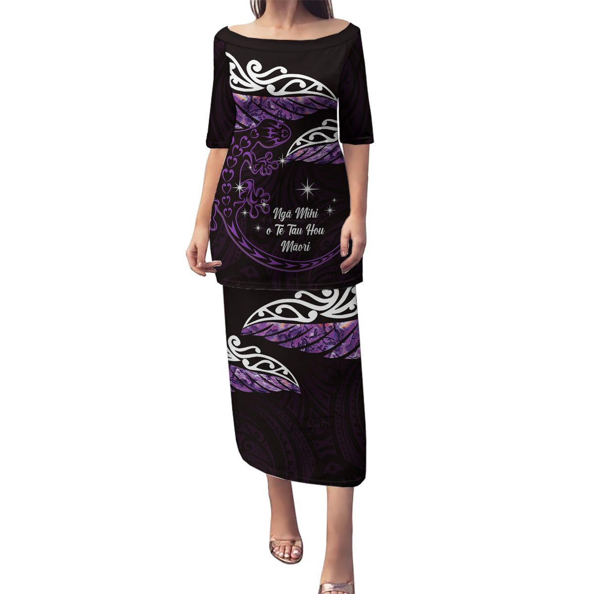 New Zealand Matariki Puletasi Maori New Year Silver Fern And Lizard - Purple LT14 Long Dress Purple - Polynesian Pride