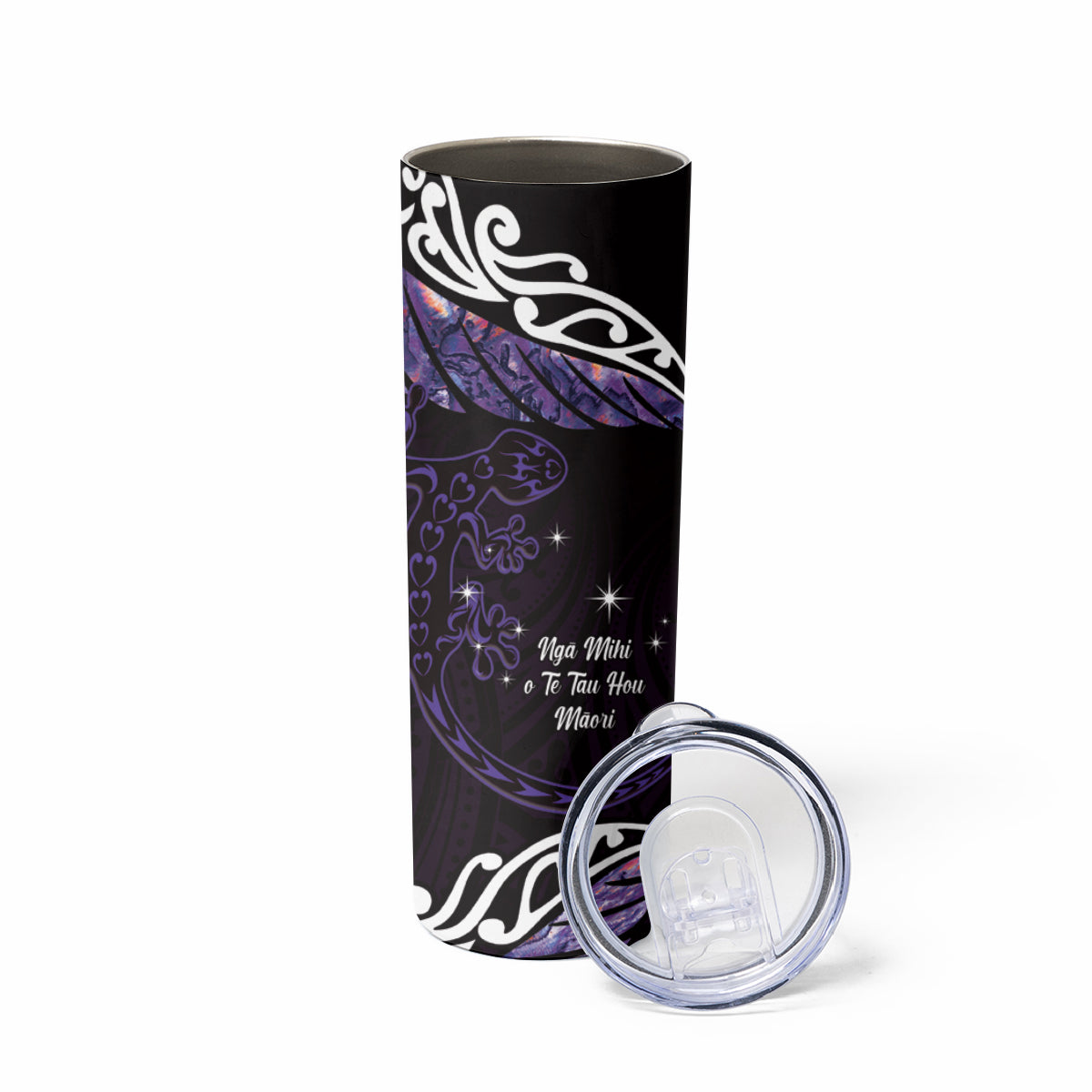 New Zealand Matariki Skinny Tumbler Maori New Year Silver Fern And Lizard - Purple LT14 - Polynesian Pride