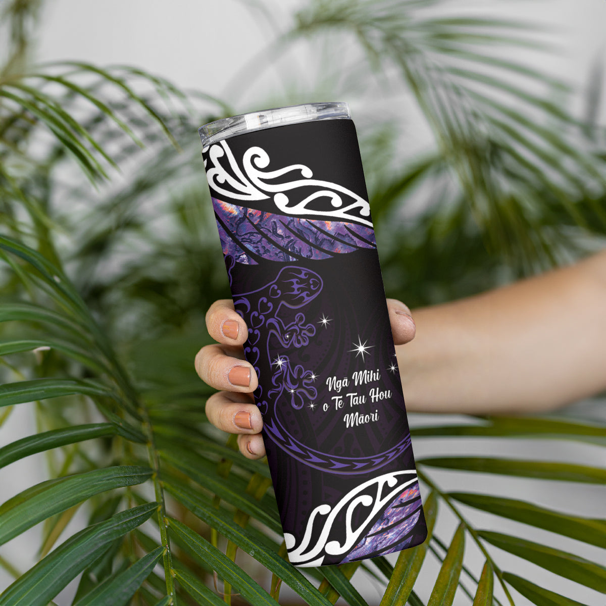New Zealand Matariki Skinny Tumbler Maori New Year Silver Fern And Lizard - Purple LT14 - Polynesian Pride