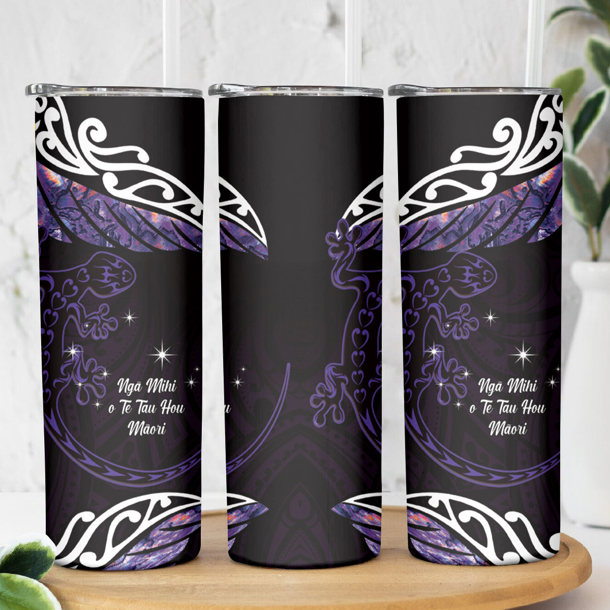 New Zealand Matariki Skinny Tumbler Maori New Year Silver Fern And Lizard - Purple LT14 - Polynesian Pride