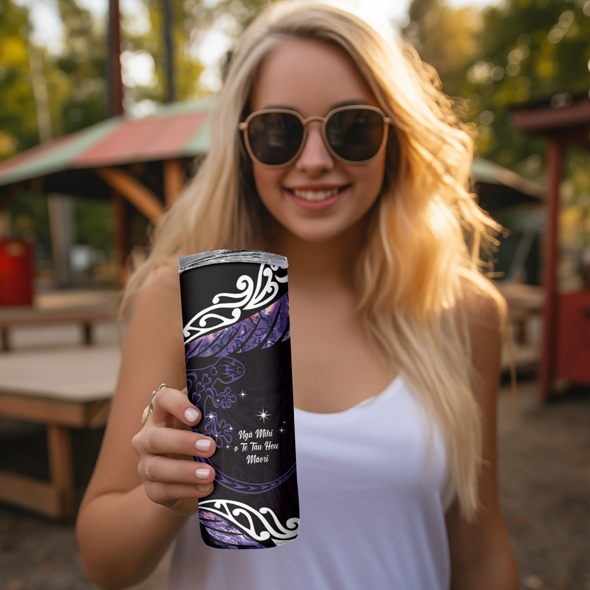 New Zealand Matariki Skinny Tumbler Maori New Year Silver Fern And Lizard - Purple LT14 - Polynesian Pride