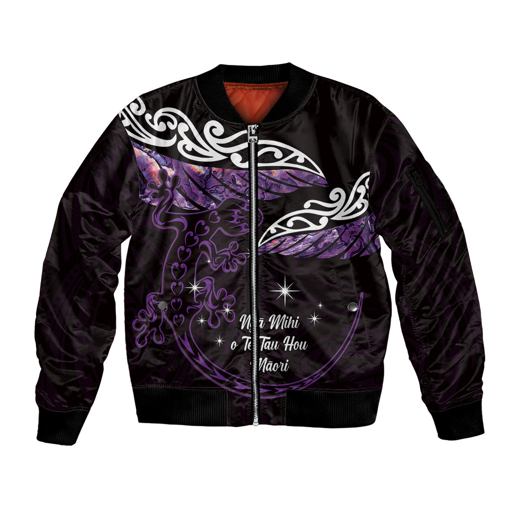 New Zealand Matariki Sleeve Zip Bomber Jacket Maori New Year Silver Fern And Lizard - Purple LT14 Unisex Purple - Polynesian Pride