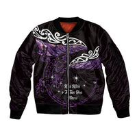 New Zealand Matariki Sleeve Zip Bomber Jacket Maori New Year Silver Fern And Lizard - Purple LT14 Unisex Purple - Polynesian Pride