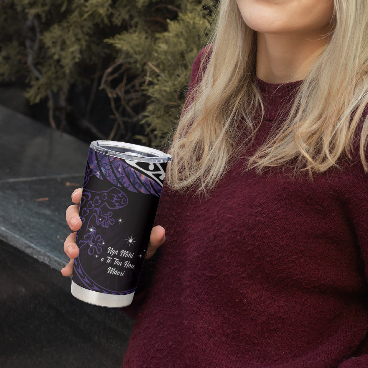 New Zealand Matariki Tumbler Cup Maori New Year Silver Fern And Lizard - Purple LT14 - Polynesian Pride