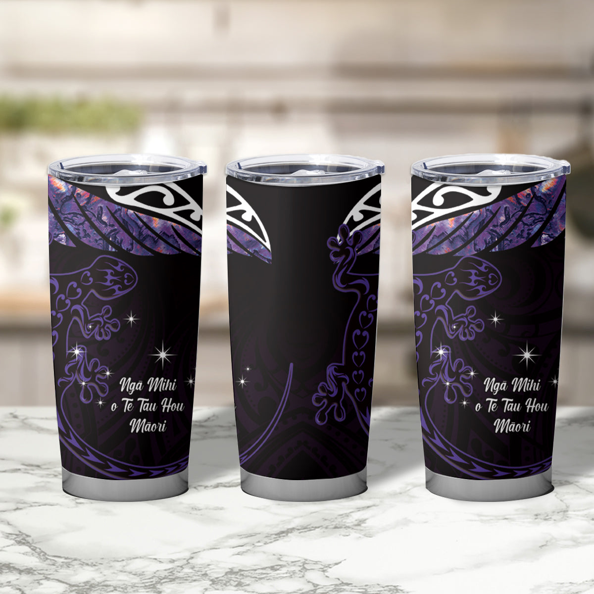 New Zealand Matariki Tumbler Cup Maori New Year Silver Fern And Lizard - Purple LT14 - Polynesian Pride