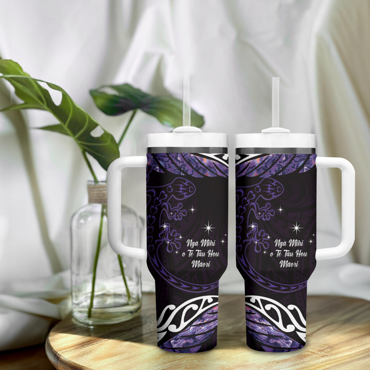 New Zealand Matariki Tumbler With Handle Maori New Year Silver Fern And Lizard - Purple LT14 - Polynesian Pride