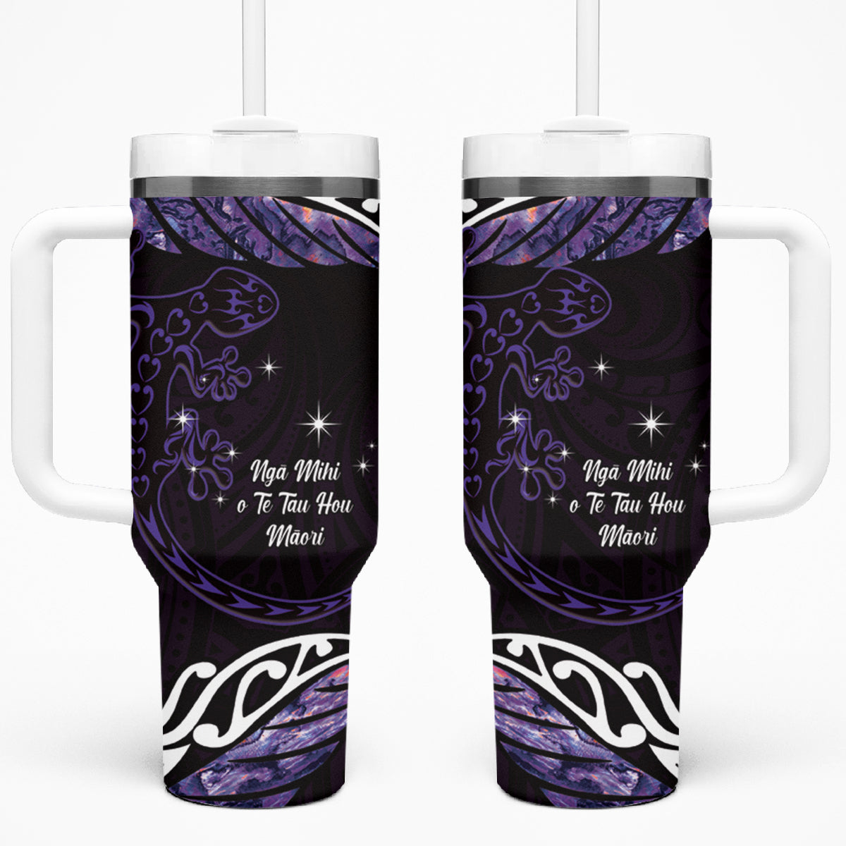 New Zealand Matariki Tumbler With Handle Maori New Year Silver Fern And Lizard - Purple LT14 One Size: 40 oz Purple - Polynesian Pride