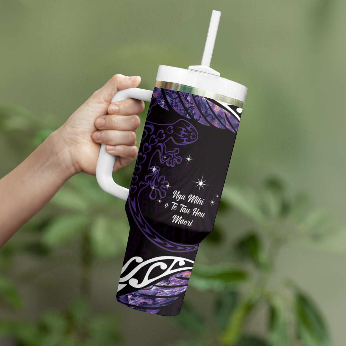 New Zealand Matariki Tumbler With Handle Maori New Year Silver Fern And Lizard - Purple LT14 - Polynesian Pride