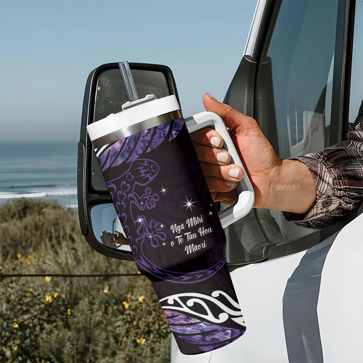 New Zealand Matariki Tumbler With Handle Maori New Year Silver Fern And Lizard - Purple LT14 - Polynesian Pride