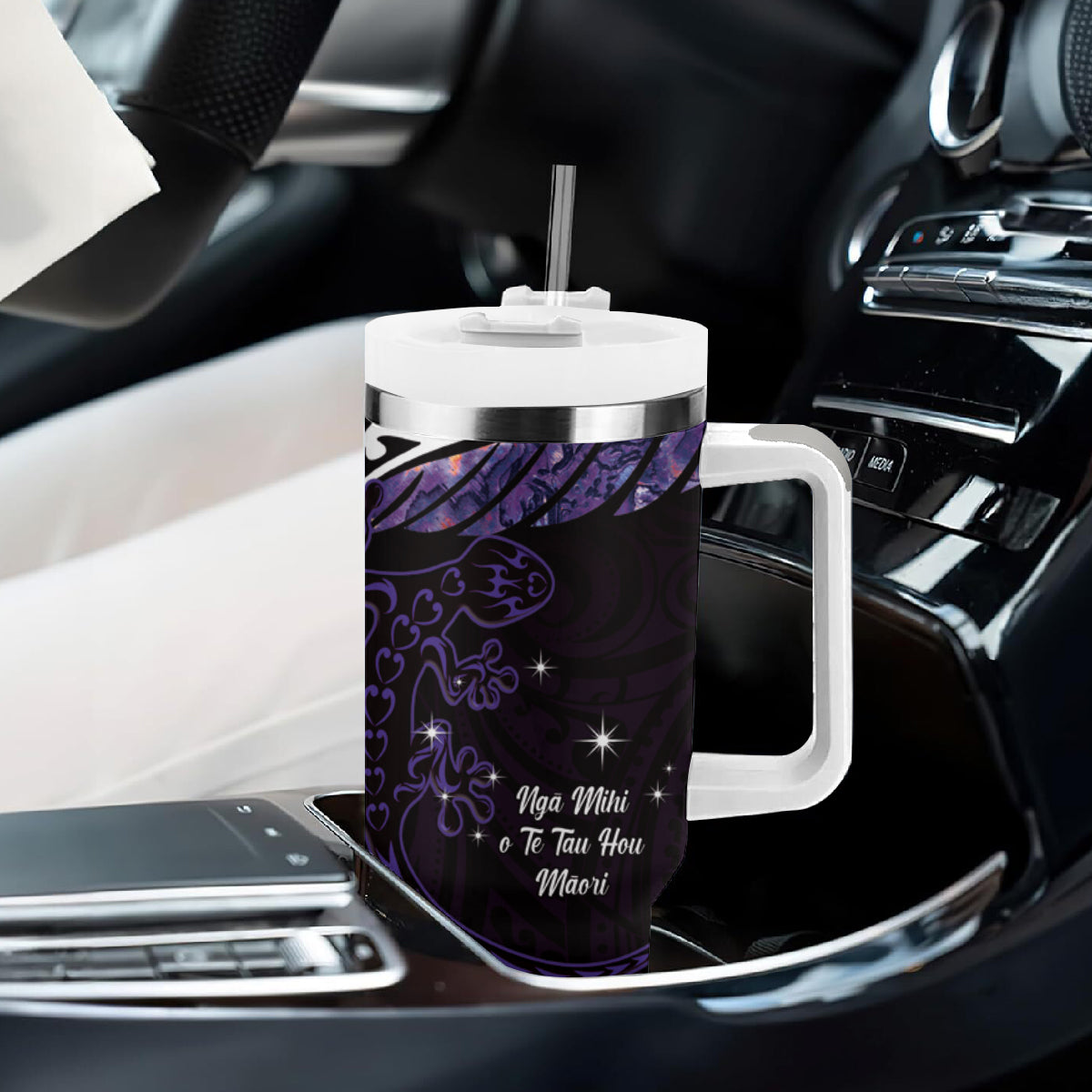 New Zealand Matariki Tumbler With Handle Maori New Year Silver Fern And Lizard - Purple LT14 - Polynesian Pride
