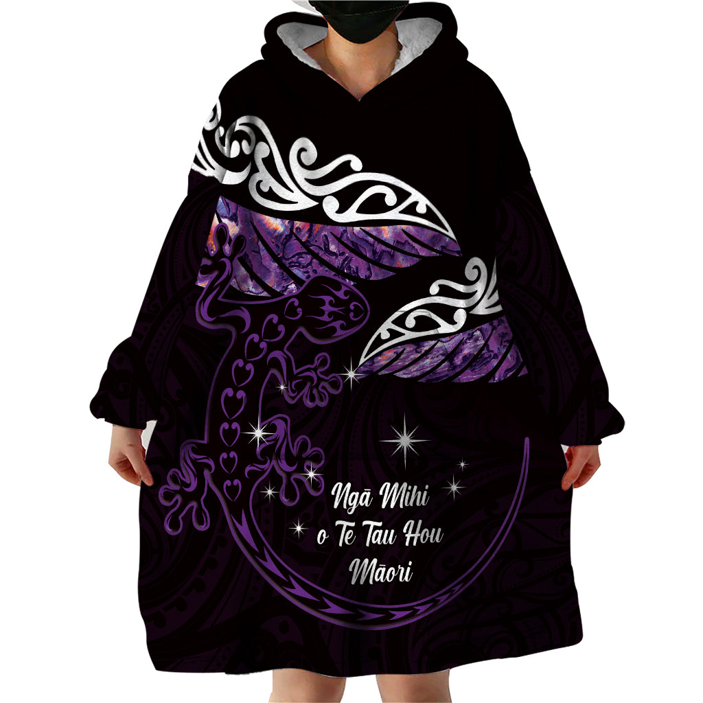 New Zealand Matariki Wearable Blanket Hoodie Maori New Year Silver Fern And Lizard - Purple LT14 - Polynesian Pride
