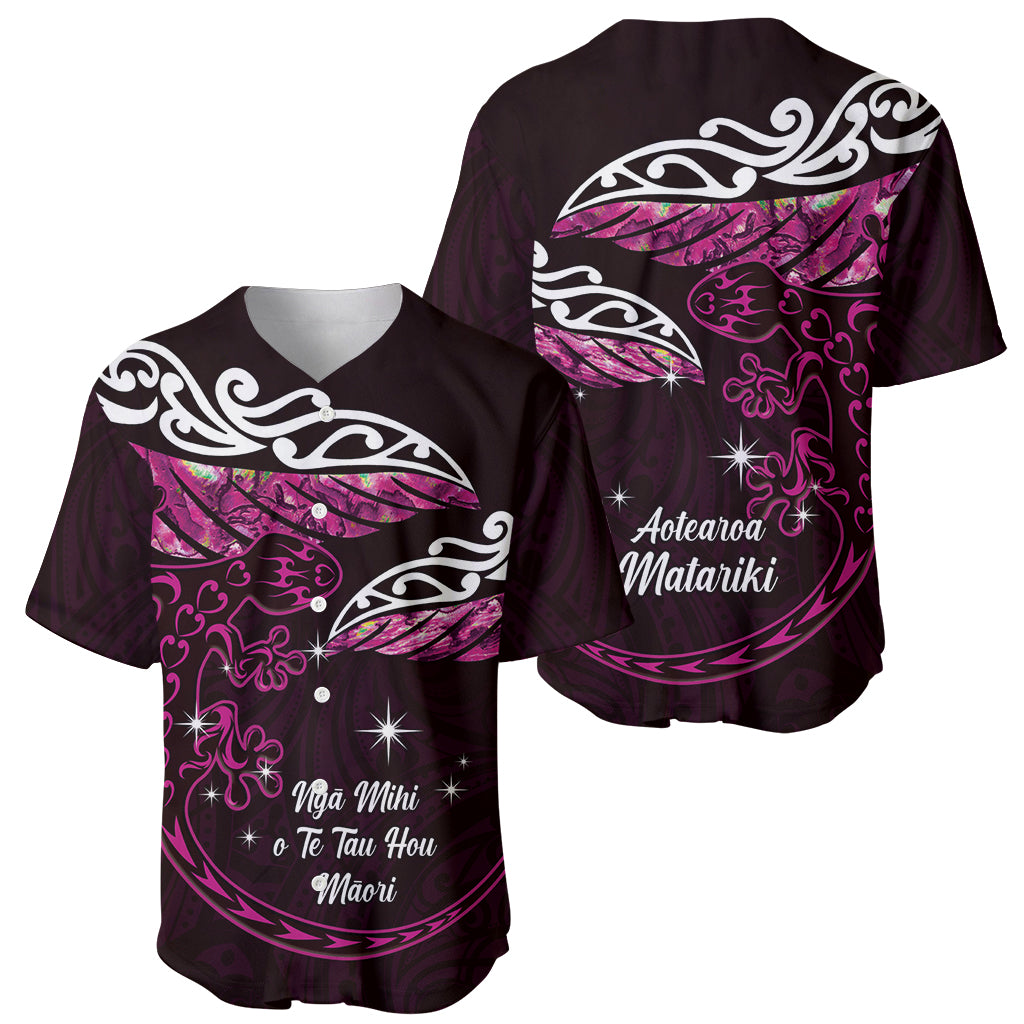 New Zealand Matariki Baseball Jersey Maori New Year Silver Fern And Lizard - Pink LT14 - Polynesian Pride