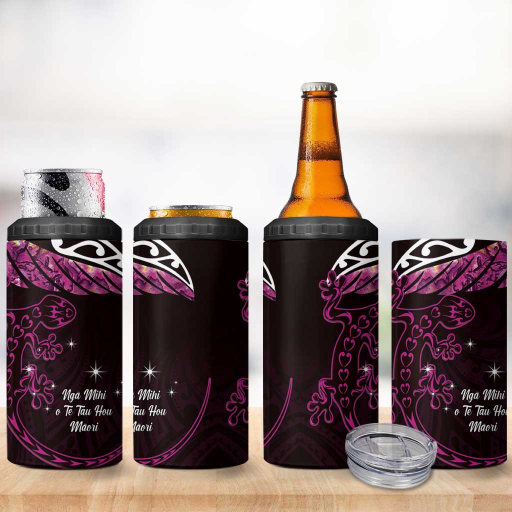 New Zealand Matariki 4 in 1 Can Cooler Tumbler Maori New Year Silver Fern And Lizard - Pink LT14 - Polynesian Pride