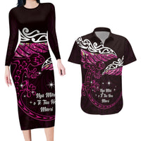 New Zealand Matariki Couples Matching Long Sleeve Bodycon Dress and Hawaiian Shirt Maori New Year Silver Fern And Lizard - Pink LT14 Pink - Polynesian Pride