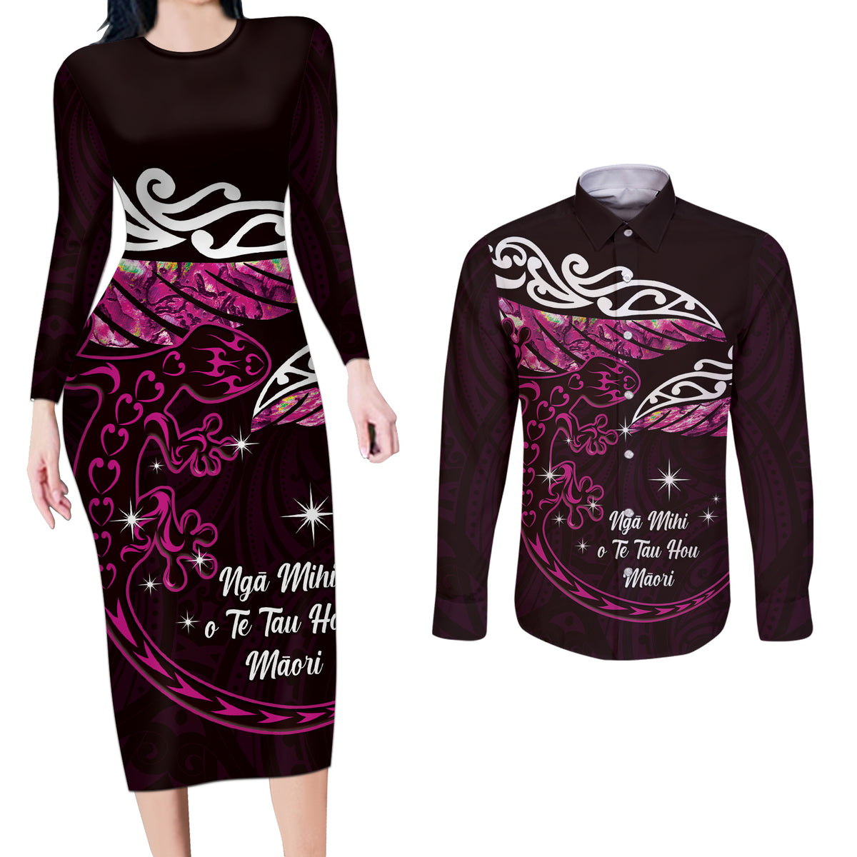 New Zealand Matariki Couples Matching Long Sleeve Bodycon Dress and Long Sleeve Button Shirt Maori New Year Silver Fern And Lizard - Pink LT14 Pink - Polynesian Pride