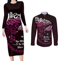 New Zealand Matariki Couples Matching Long Sleeve Bodycon Dress and Long Sleeve Button Shirt Maori New Year Silver Fern And Lizard - Pink LT14 Pink - Polynesian Pride