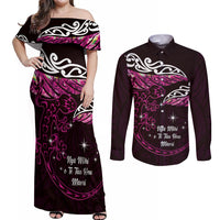 New Zealand Matariki Couples Matching Off Shoulder Maxi Dress and Long Sleeve Button Shirt Maori New Year Silver Fern And Lizard - Pink LT14 Pink - Polynesian Pride
