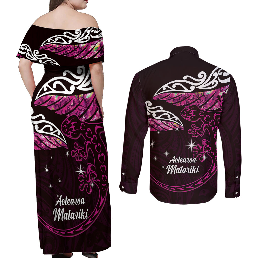 New Zealand Matariki Couples Matching Off Shoulder Maxi Dress and Long Sleeve Button Shirt Maori New Year Silver Fern And Lizard - Pink LT14 - Polynesian Pride
