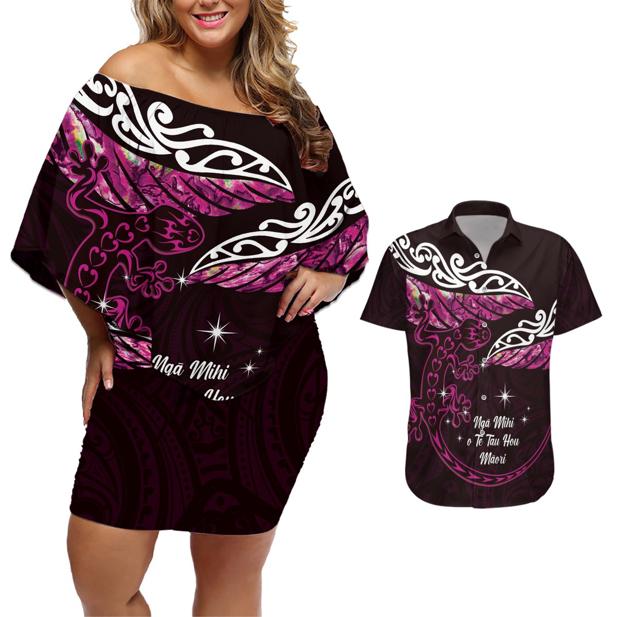 New Zealand Matariki Couples Matching Off Shoulder Short Dress and Hawaiian Shirt Maori New Year Silver Fern And Lizard - Pink LT14 Pink - Polynesian Pride