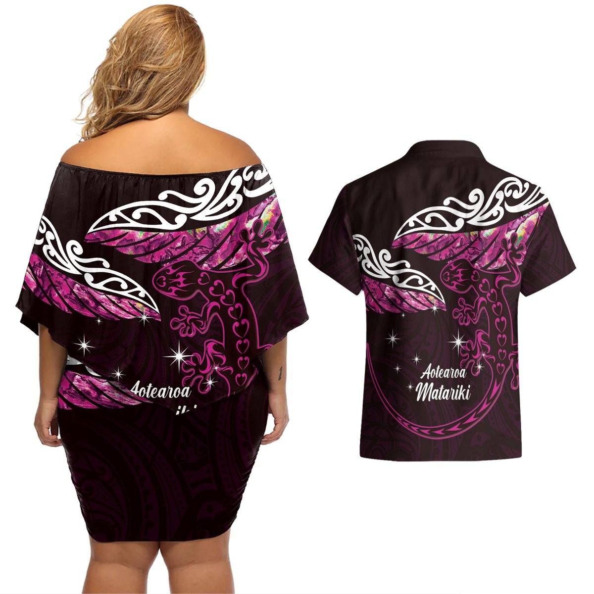 New Zealand Matariki Couples Matching Off Shoulder Short Dress and Hawaiian Shirt Maori New Year Silver Fern And Lizard - Pink LT14 - Polynesian Pride